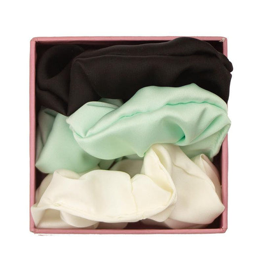 Sleek 100% Pure Silk Set of 3 Scrunchies Grey, Light peach and Mint - Beauty Bounty
